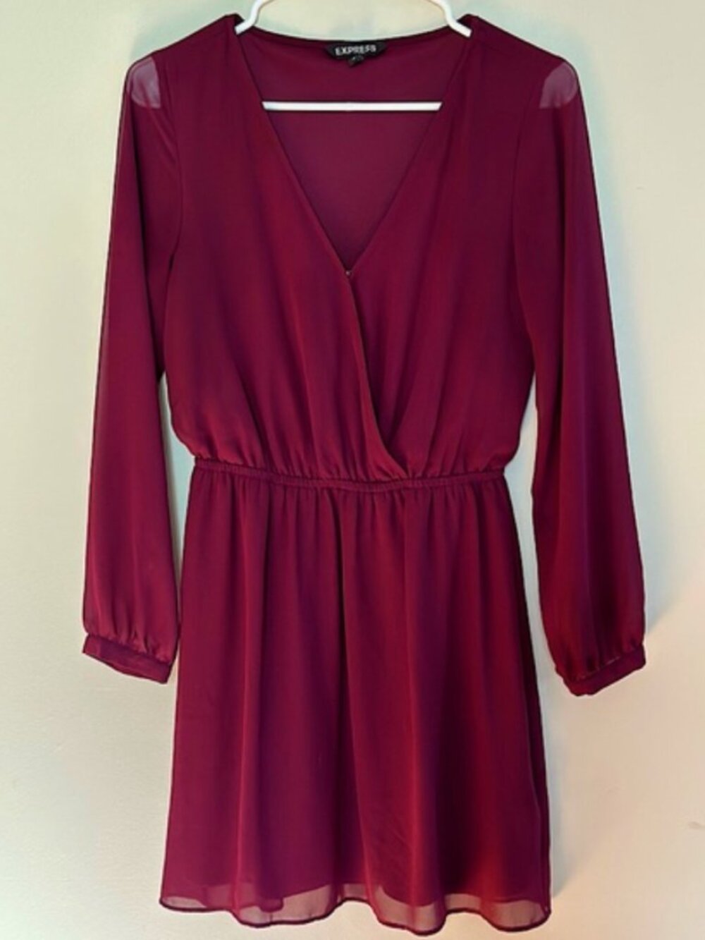 Express Wine Colored Sheer V-neck Cuffed at the End of Sleeve Dress